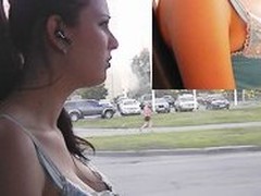 The cute legal age teenager waiting bimbo is riding insusceptible to the bus paying hardly any attention insusceptible to boy with camera recording her hot downblouse and legs up skirt news